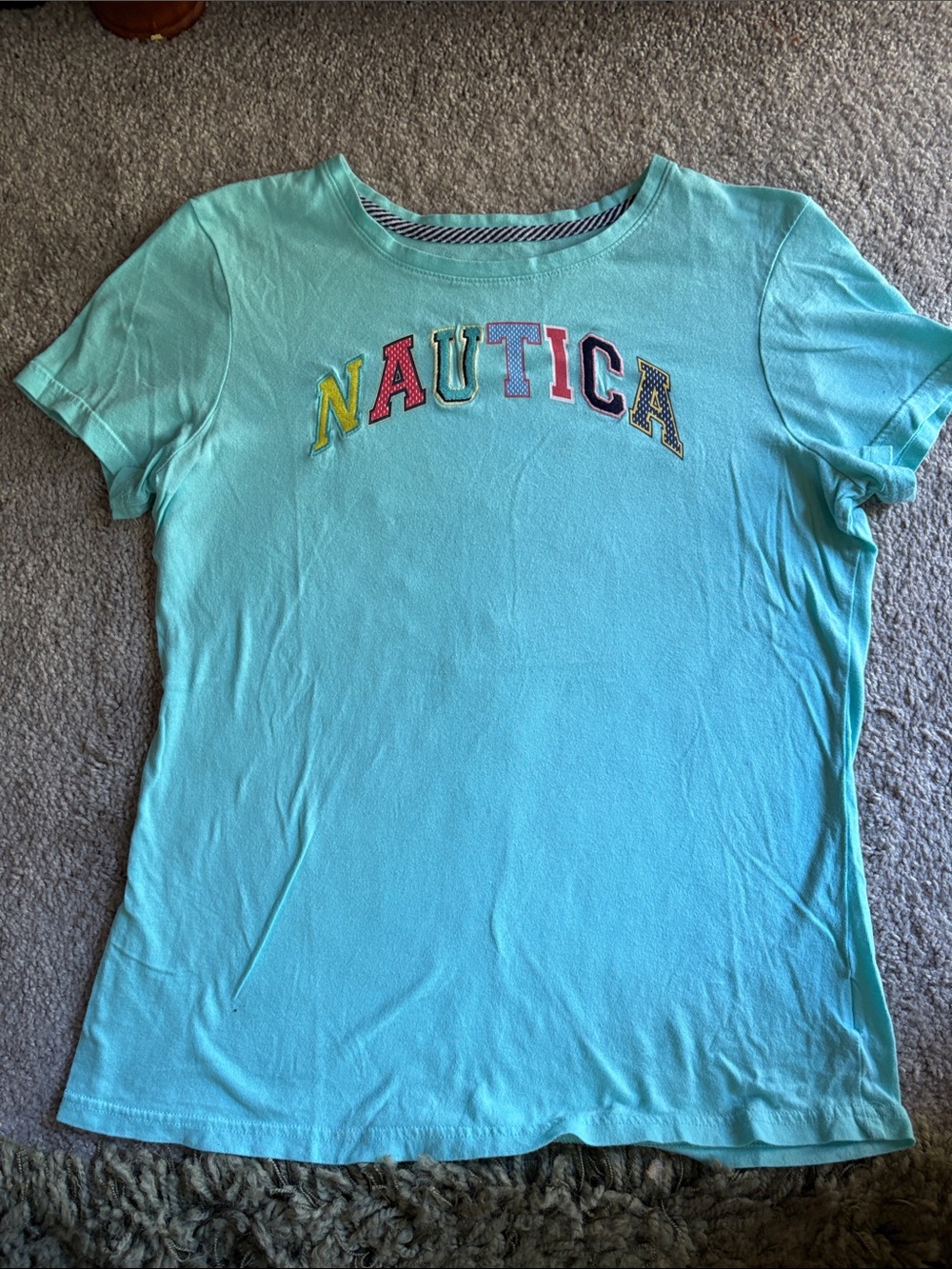 Nautica Aqua Short-Sleeve Logo Tee with Multicolor Patch Letters